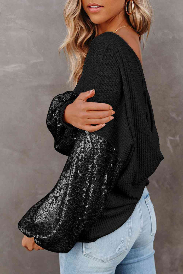 Sequin Waffle-Knit Blouse - Madikfashions.com