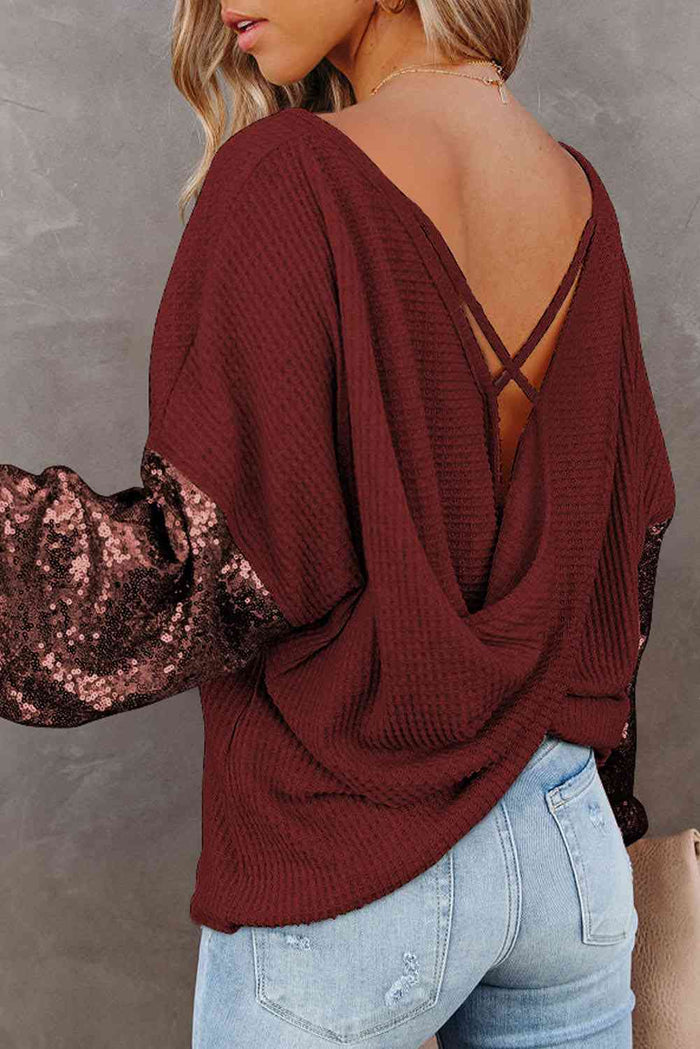 Sequin Waffle-Knit Blouse - Madikfashions.com