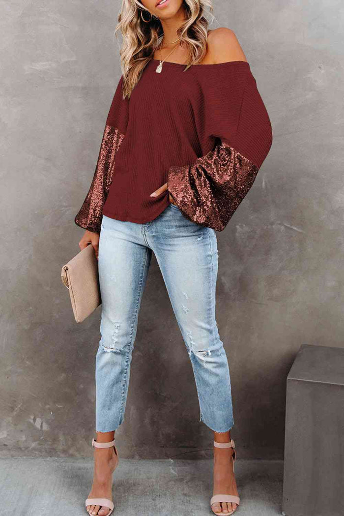 Sequin Waffle-Knit Blouse - Madikfashions.com