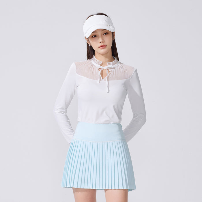 Sheer Shirring High Neck T-Shirt (White)