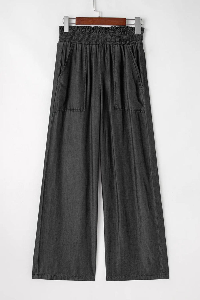 Shop Side Pockets Frilled Smocked High Waist Wide Leg Bottoms at eAura