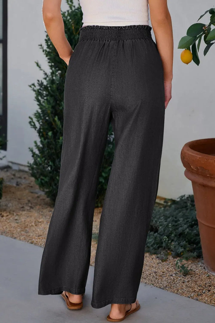 Shop Side Pockets Frilled Smocked High Waist Wide Leg Bottoms at eAura