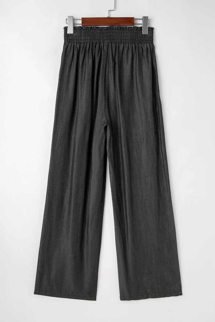 Shop Side Pockets Frilled Smocked High Waist Wide Leg Bottoms at eAura