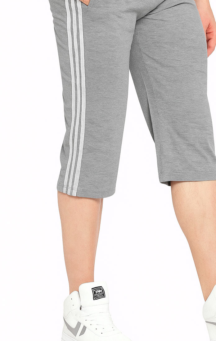 Side Stripe Long Cotton Three Quarters Shorts (Grey) - Hinz Clothing