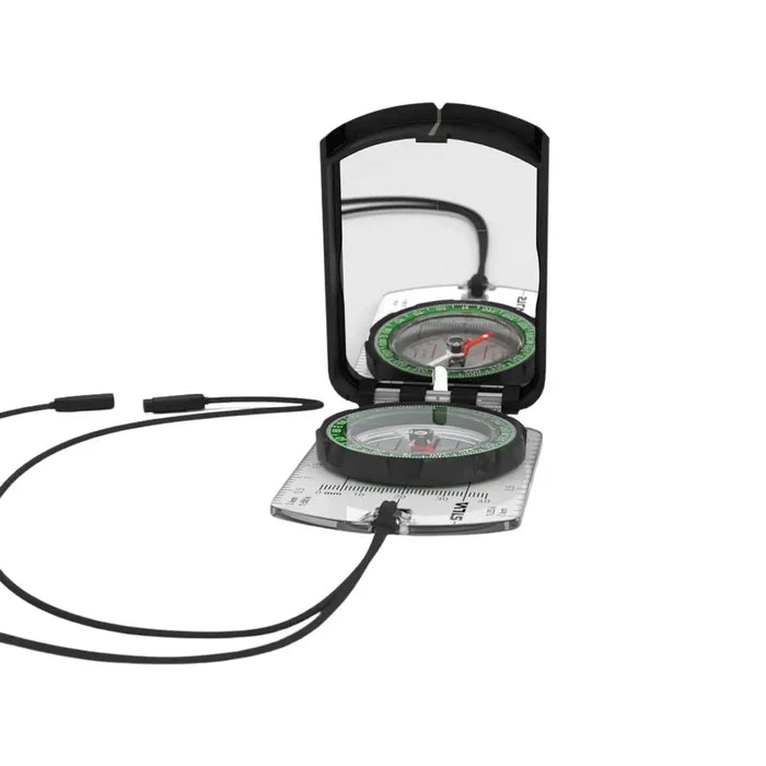 Front detail for Silva Ranger S mirror compass showing the bezsel and needle reflection in the mirror housing