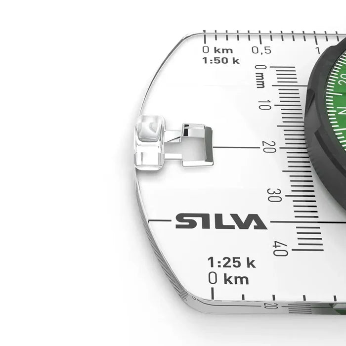 Close-up of the scale markings on the fornt acrylic housing for Silva Ranger S mirror compass