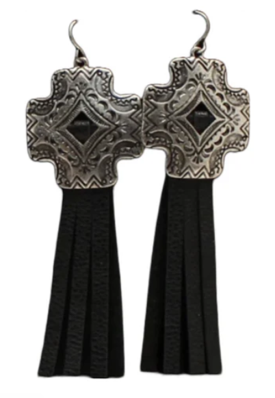 Silver Cross Concho Leather Tassel Earrings