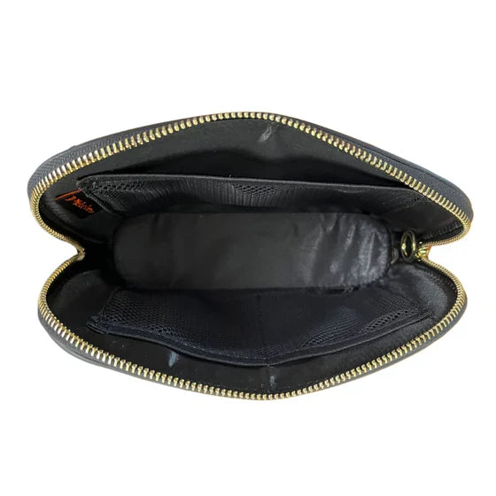 Black leather pouch with gold zipper on a white background