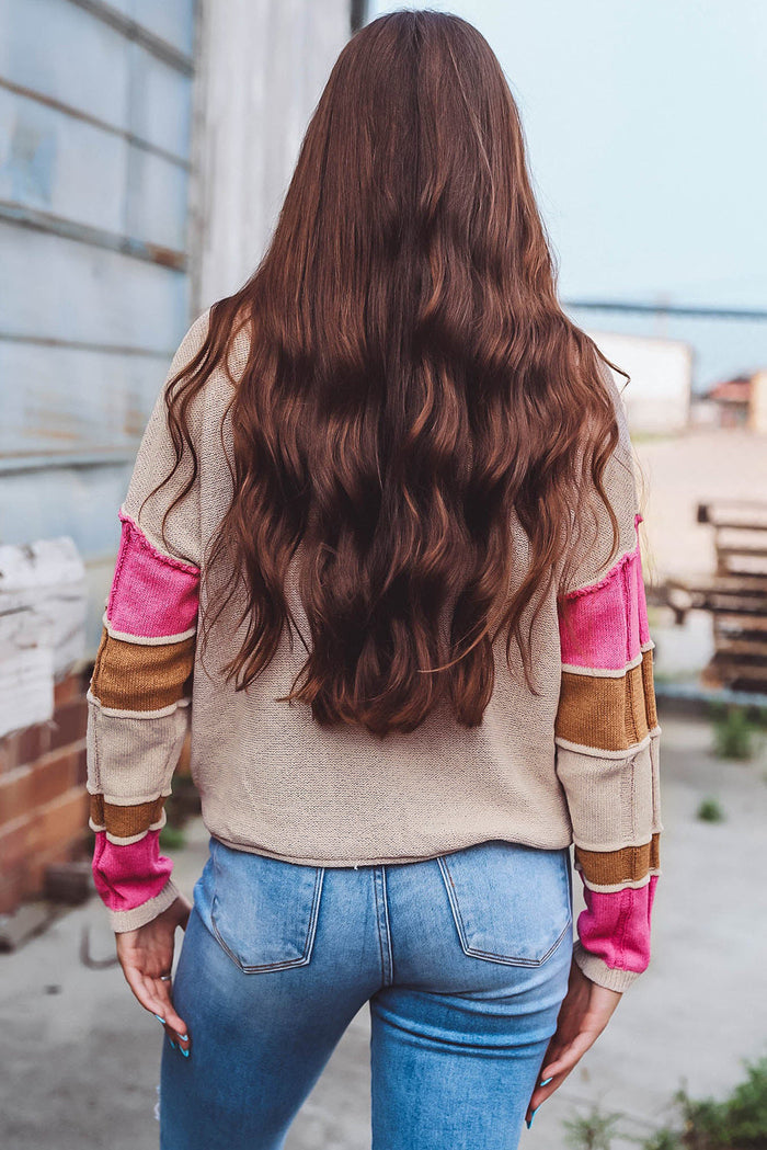 Simply Taupe Colourblock Exposed Seam Round Neck Sweater - Sweaters & Cardigans/Sweaters