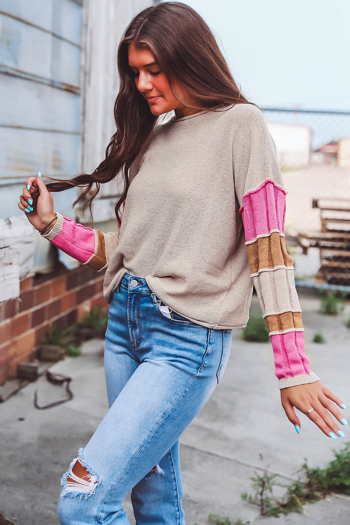 Simply Taupe Colourblock Exposed Seam Round Neck Sweater - Sweaters & Cardigans/Sweaters