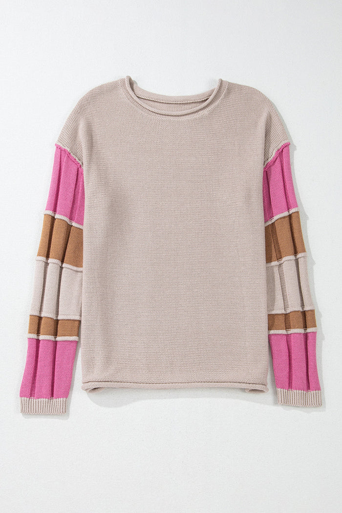 Simply Taupe Colourblock Exposed Seam Round Neck Sweater - Sweaters & Cardigans/Sweaters