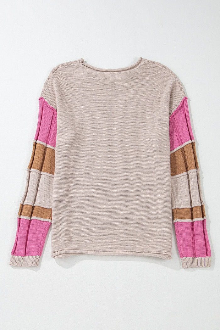 Simply Taupe Colourblock Exposed Seam Round Neck Sweater - Sweaters & Cardigans/Sweaters