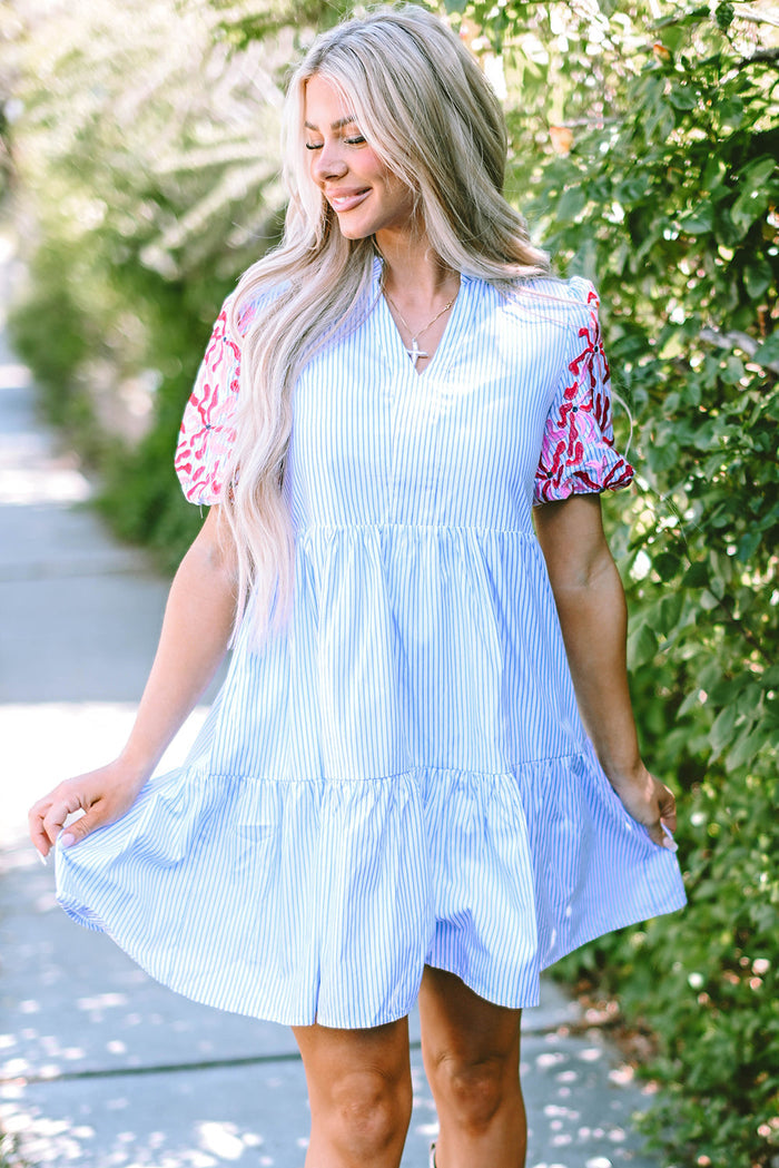 Sky Blue Stripe Contrast Floral Puff Sleeve Tiered Ruffle Dress - SKY BLUE STRIPE / S / 65% POLYESTER + 35% COTTON