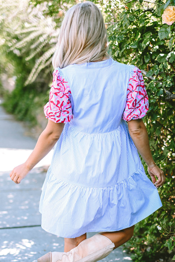 Sky Blue Stripe Contrast Floral Puff Sleeve Tiered Ruffle Dress - Dresses/Mini Dresses