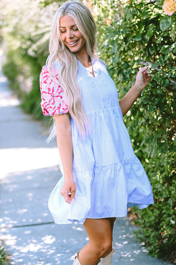 Sky Blue Stripe Contrast Floral Puff Sleeve Tiered Ruffle Dress - Dresses/Mini Dresses