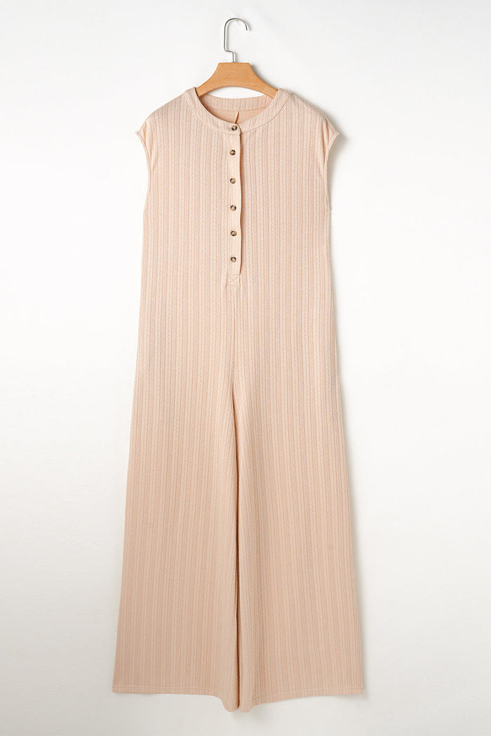 Smoke Grey Textured Buttoned Wide Leg Sleeveless Jumpsuit - SMOKE GRAY / S / 97% POLYESTER + 3% ELASTANE