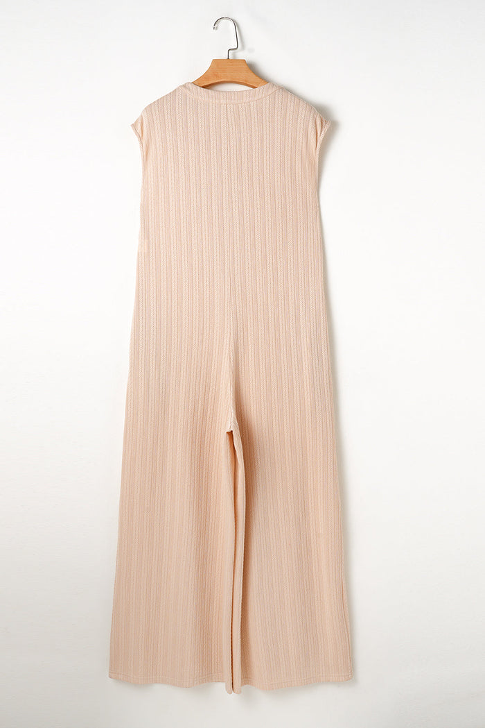 Smoke Grey Textured Buttoned Wide Leg Sleeveless Jumpsuit - Bottoms/Jumpsuits & Rompers