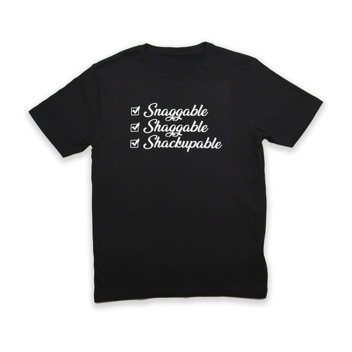 Snaggable, Shaggable, Shackupable T-Shirt design featuring playful checkboxes on a black background.