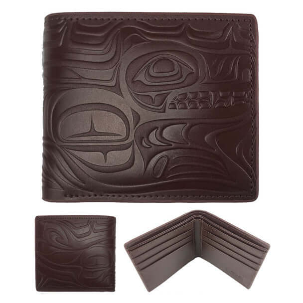Spirit Wolf - Embossed Wallet showcasing intricate Indigenous artwork in genuine leather.