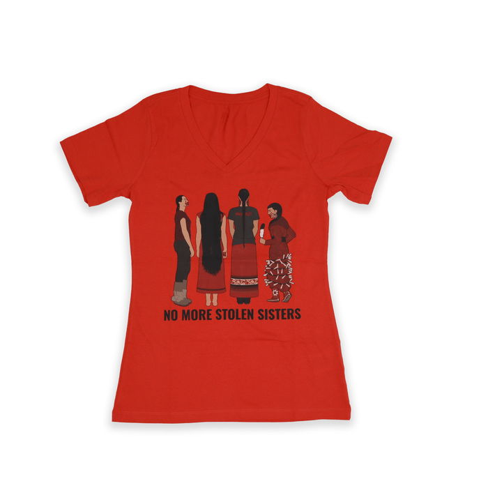 Red Stolen Sisters Ladies V-neck Tee 2023 with black symbolic print front view