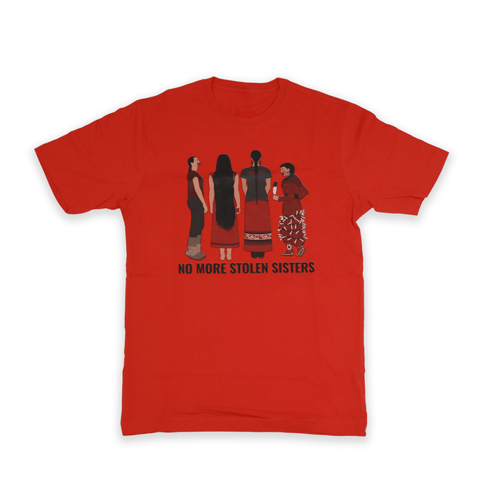 Red Stolen Sisters Unisex Tee 2023 with cultural awareness graphic front view