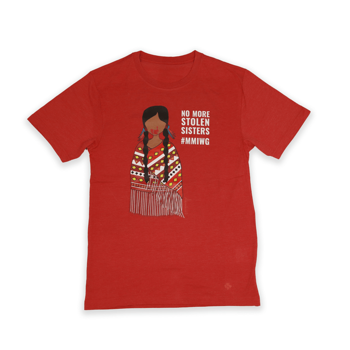 Red Stolen Sisters Unisex Tee with symbolic black print front view