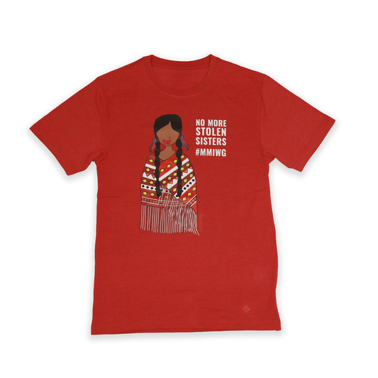 Red Stolen Sisters Unisex Tee with symbolic black print front view