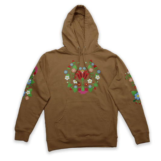 Brown hoodie with floral designs on sleeves and chest against a white background