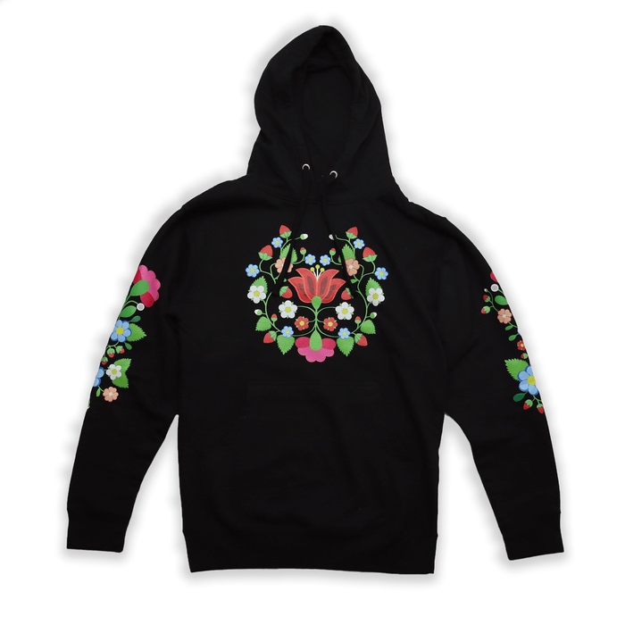 Black hoodie with floral design on a white background