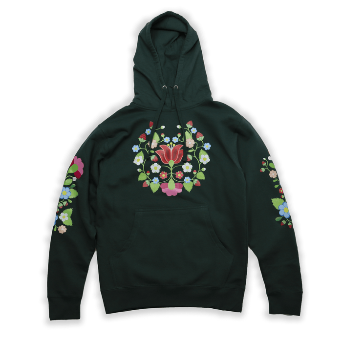Dark green hoodie with floral design on a white background