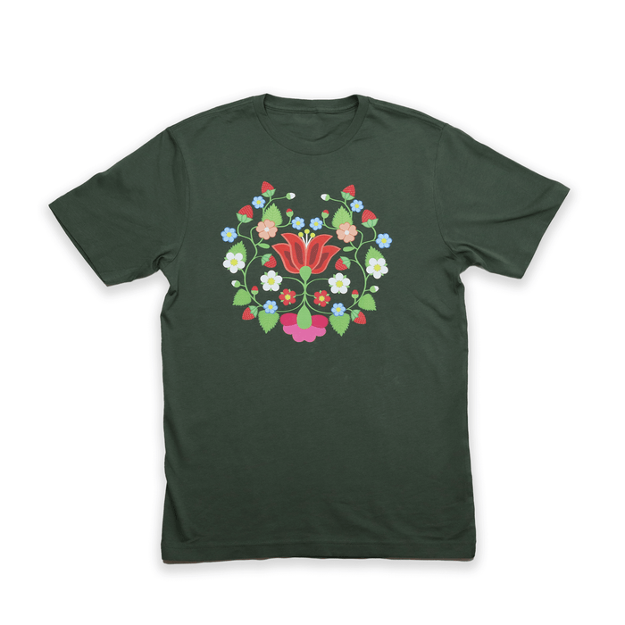 Strawberry Floral Tee featuring an Indigenous floral design on a dark green background.