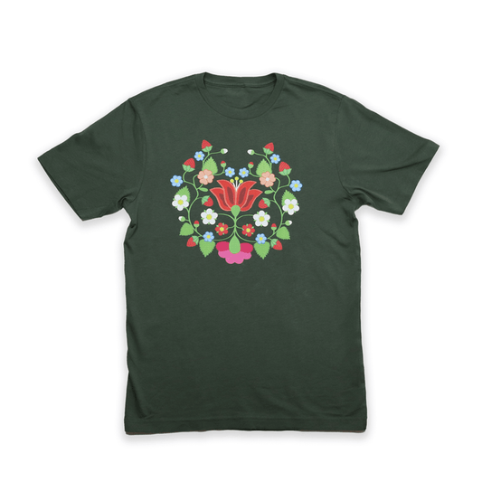 Strawberry Floral Tee featuring an Indigenous floral design on a dark green background.