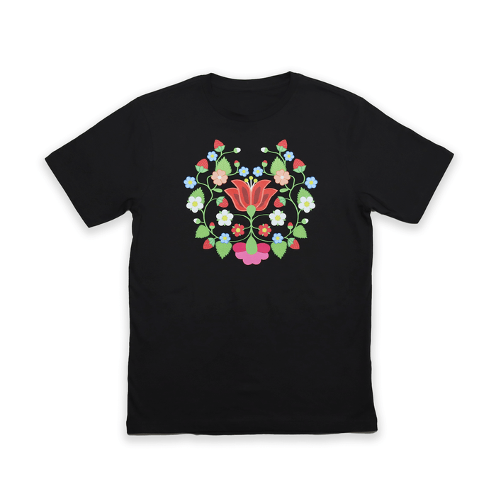 Strawberry Floral Tee featuring an Indigenous strawberry floral design on a black background, perfect for casual wear.