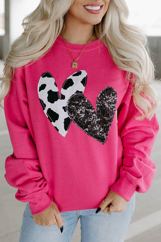 Strawberry Pink Cow & Sequin Double Heart Patch Graphic Sweatshirt - STRAWBERRY PINK / S / 62.7% POLYESTER + 37.3%