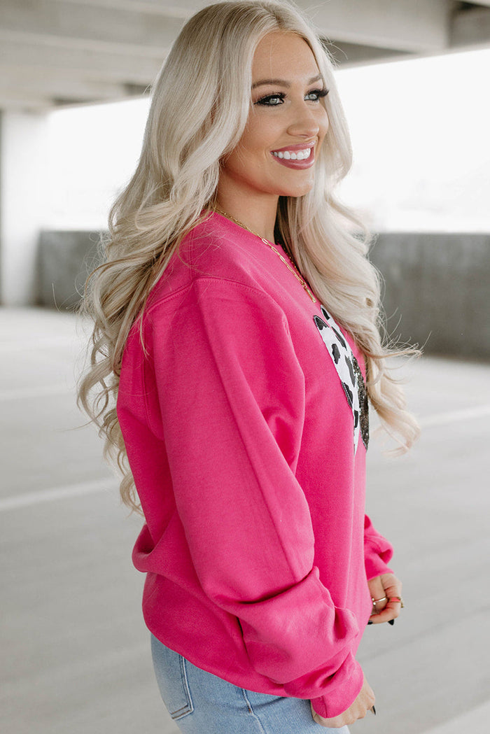 Strawberry Pink Cow & Sequin Double Heart Patch Graphic Sweatshirt - Tops/Sweatshirts Hoodies