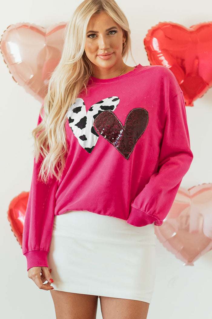Strawberry Pink Cow & Sequin Double Heart Patch Graphic Sweatshirt - Tops/Sweatshirts Hoodies
