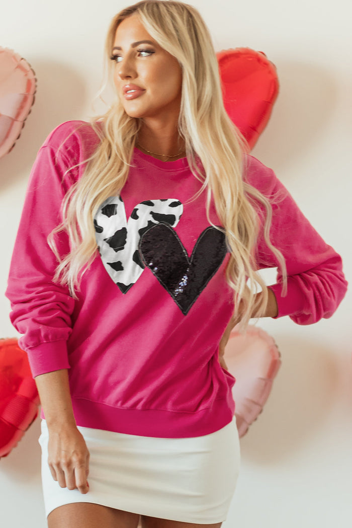 Strawberry Pink Cow & Sequin Double Heart Patch Graphic Sweatshirt - Tops/Sweatshirts Hoodies