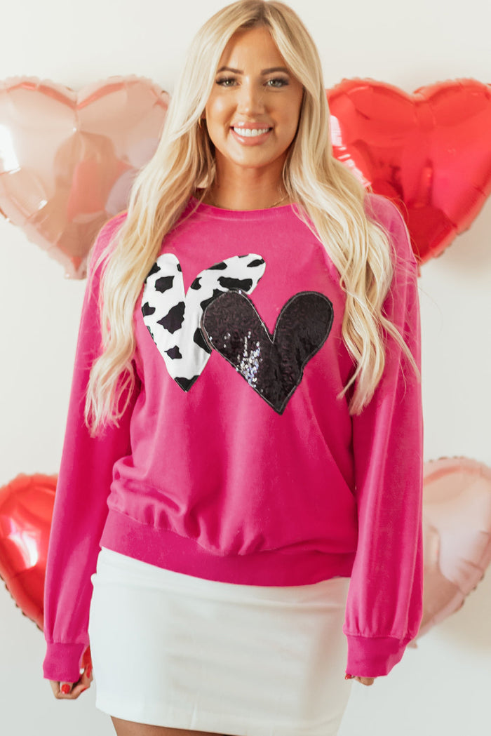Strawberry Pink Cow & Sequin Double Heart Patch Graphic Sweatshirt - Tops/Sweatshirts Hoodies