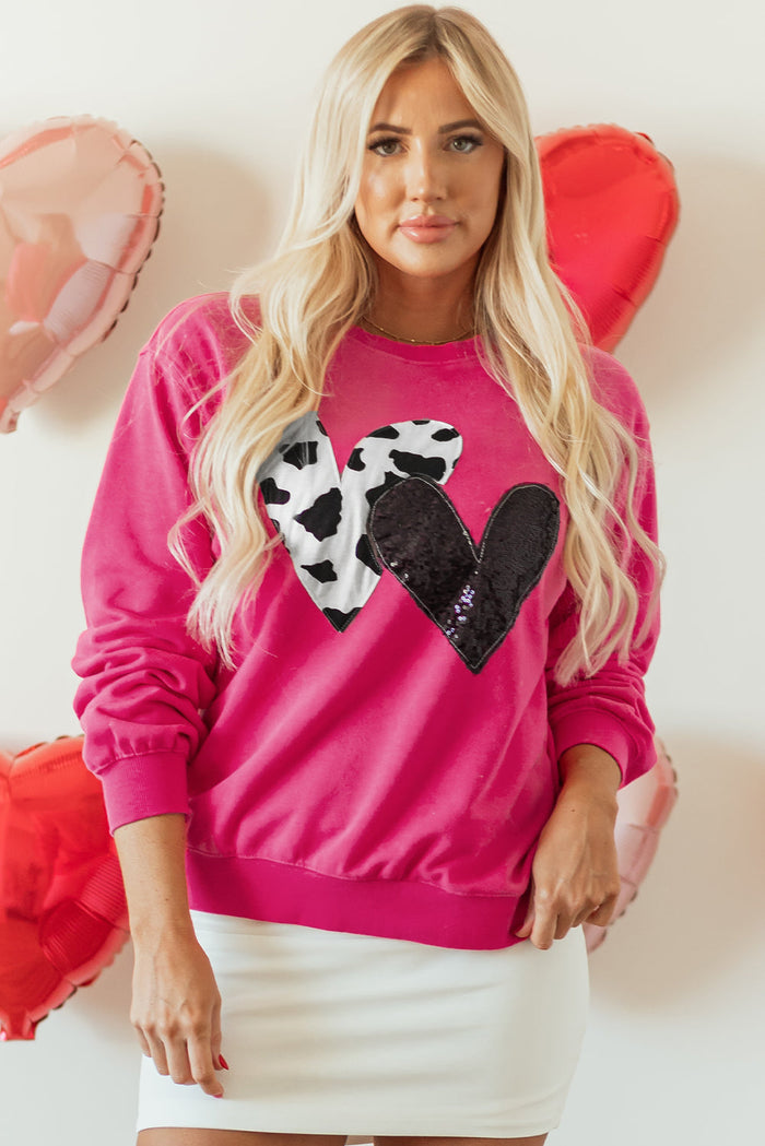 Strawberry Pink Cow & Sequin Double Heart Patch Graphic Sweatshirt - Tops/Sweatshirts Hoodies