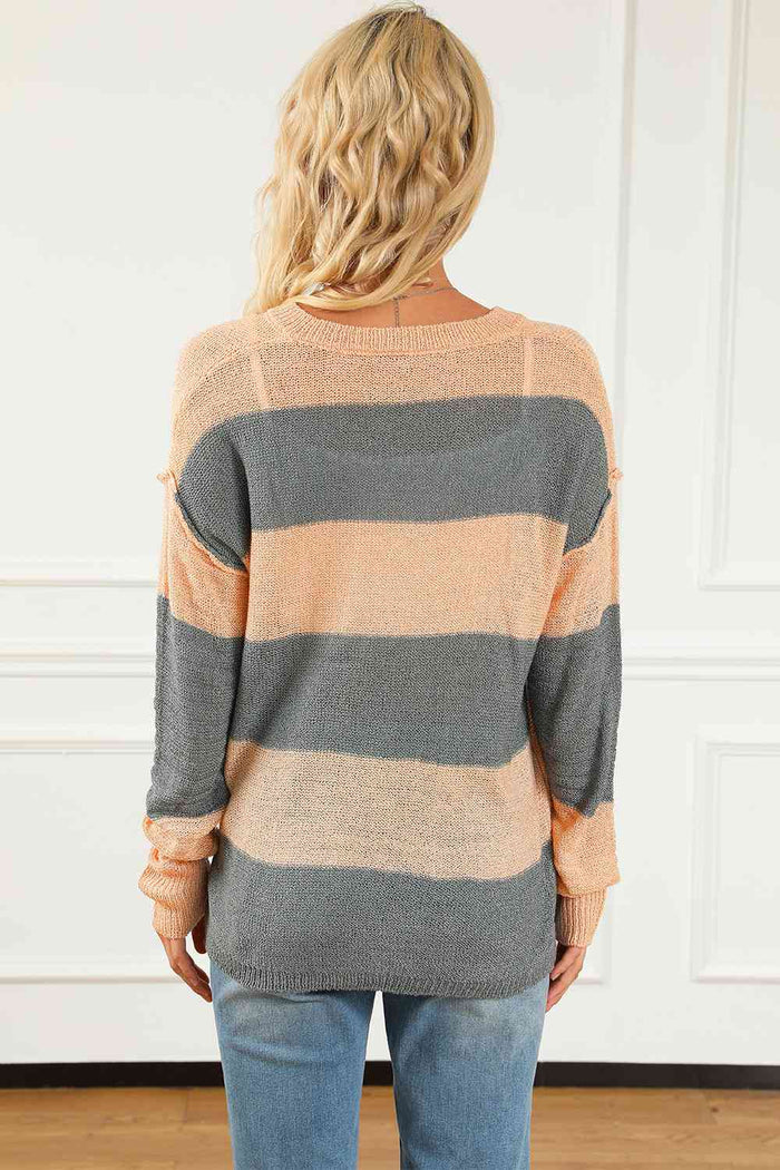 Striped Buttoned Dropped Shoulder Slit Sweater - Madikfashions.com