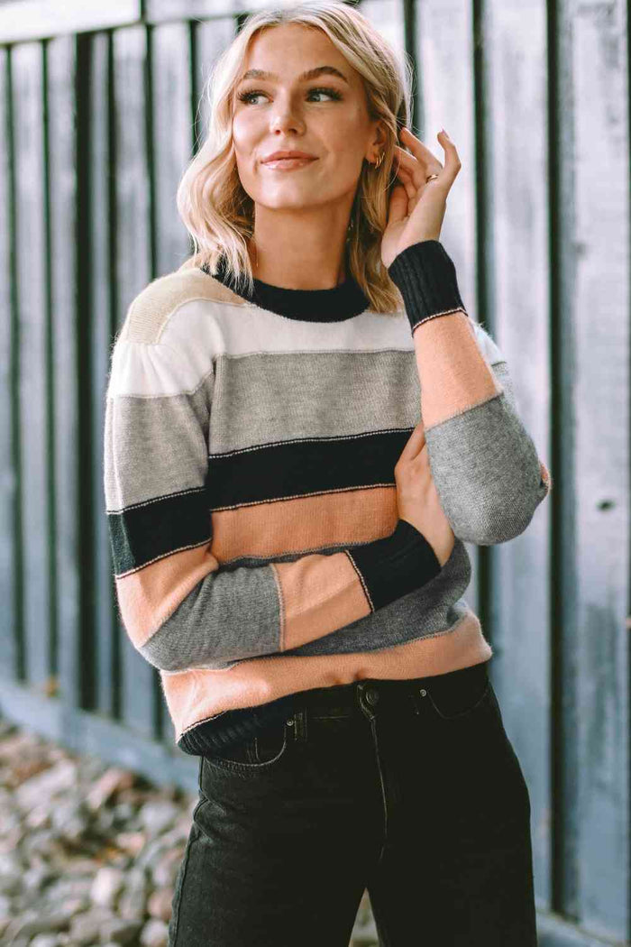 Striped Round Neck Long Sleeve Sweater - Madikfashions.com