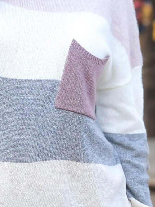 Striped Round Neck Sweater with Pocket - Madikfashions.com