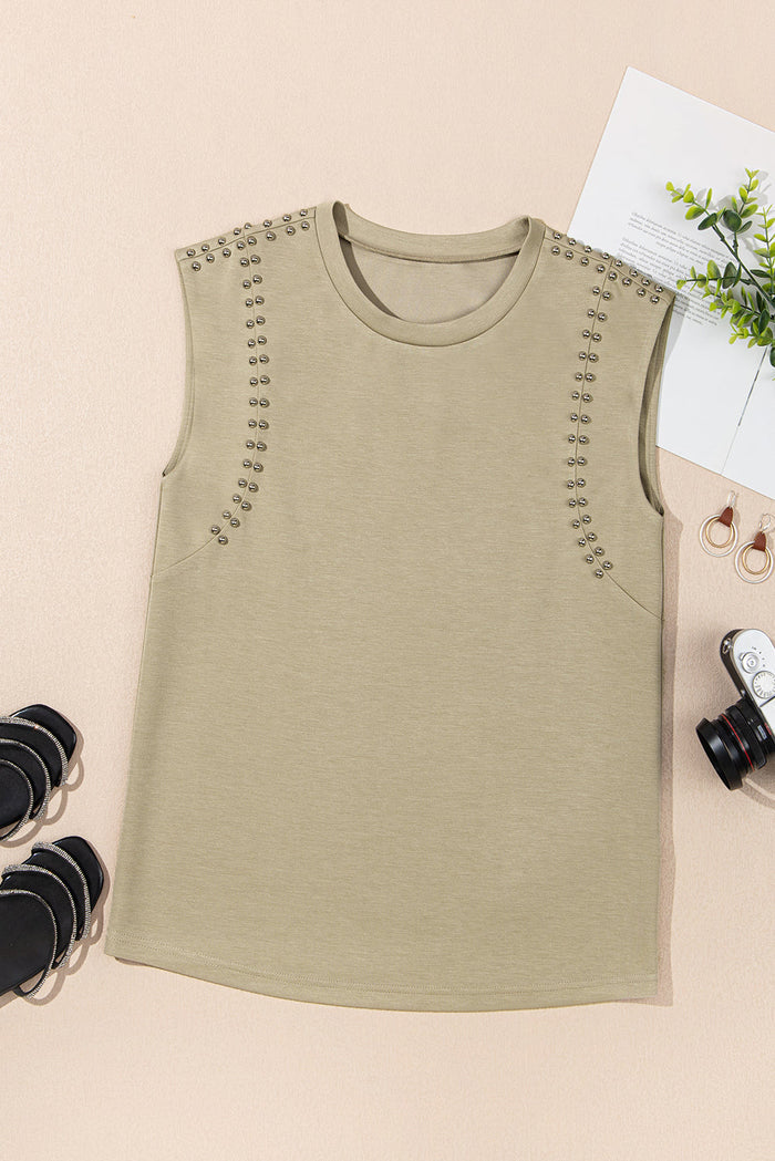 Studded Cap Sleeve Round Neck T Shirt - Tops/Tops & Tees