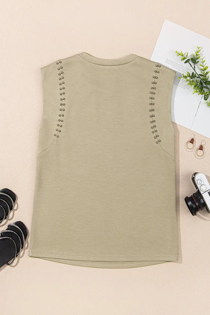 Studded Cap Sleeve Round Neck T Shirt - Tops/Tops & Tees