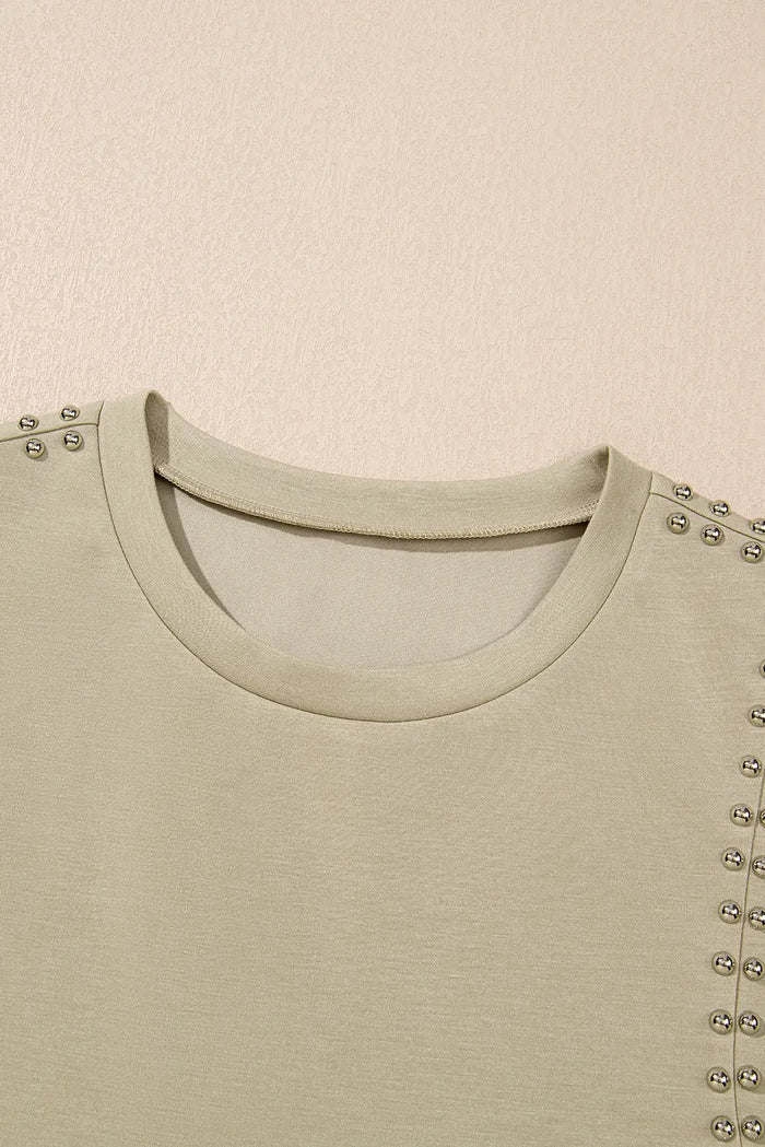 Studded Cap Sleeve Round Neck T Shirt - Tops/Tops & Tees