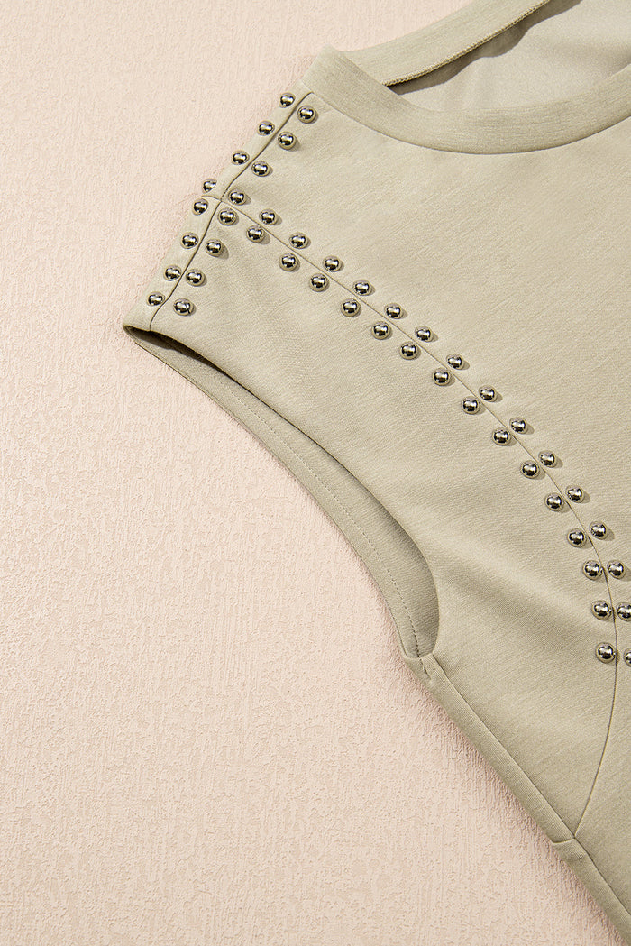 Studded Cap Sleeve Round Neck T Shirt - Tops/Tops & Tees