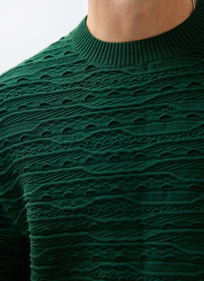 A close-up of the Percival Tales Knitted Crew Neck Jumper in forest green, showing the intricate, tonal textural knit.