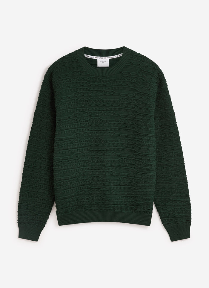 The Percival Tales Knitted Crew Neck Jumper in forest green, laid flat to showcase its unique textural knit.