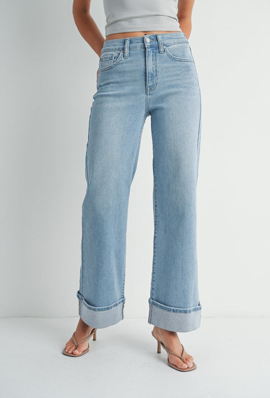 light blue cuffed wide leg jeans