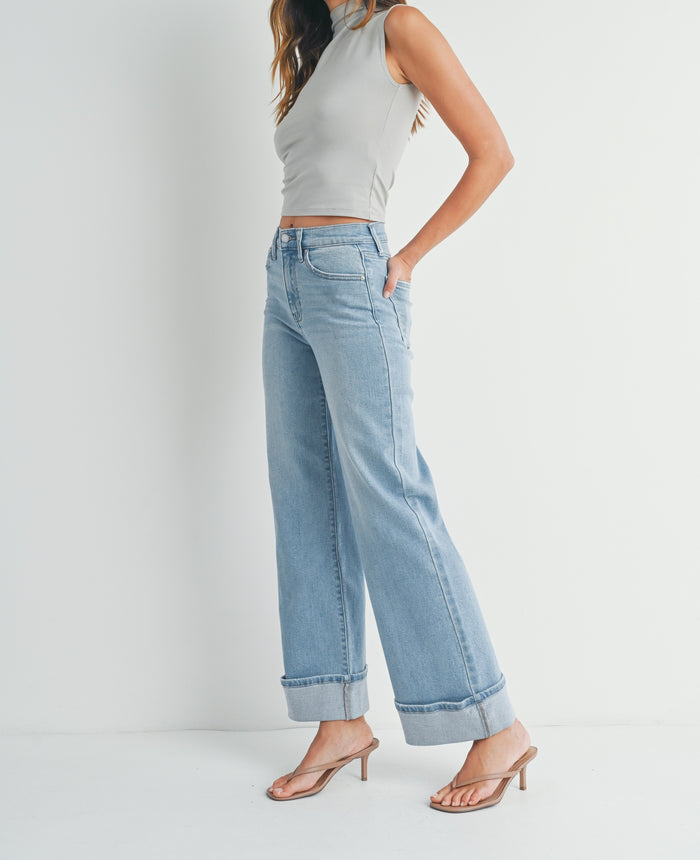 light blue cuffed wide leg jeans
